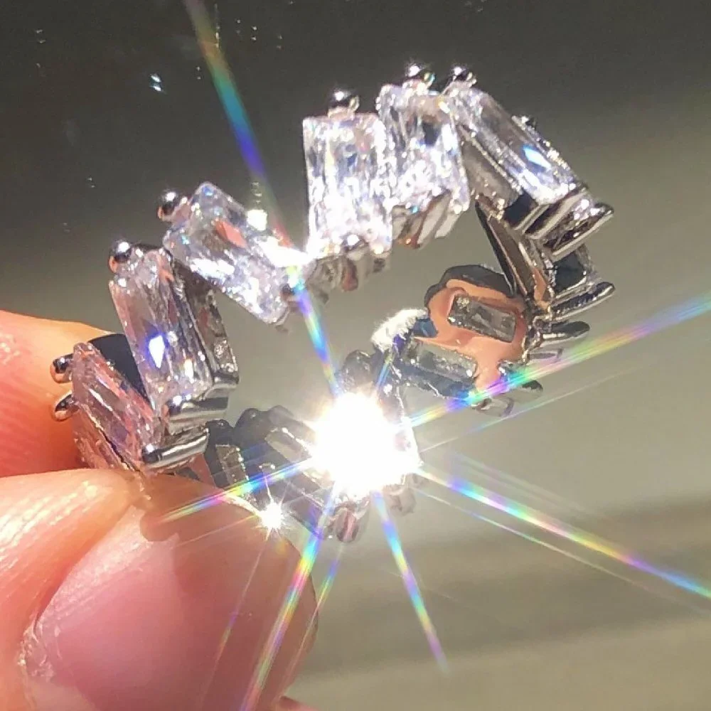 🔥Shiny Irregular Rectangle Gems Full Around Zircon Silver Eternity Ring, K804